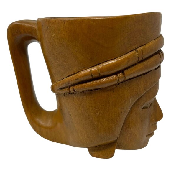 Vintage Hand Carved Mug Cup Wooden Wood Art Deco Woman Head Face 4.25" Tall - Picture 6 of 12
